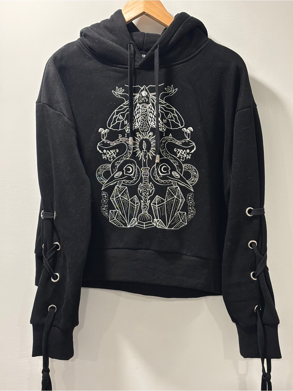Disturbia Corset Sleeve Embroidered Goth Indie Sleeze Punk Crop Hoodie Size 6 - Picture 3 of 6
